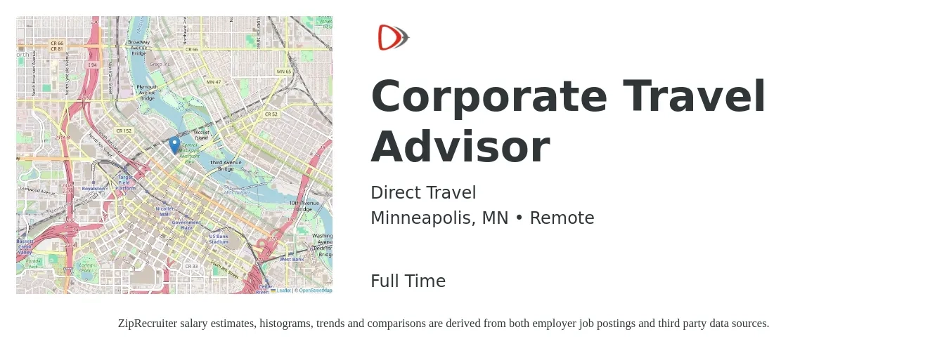 Direct Travel job posting for a Corporate Travel Advisor in Minneapolis, MN with a salary of $21 to $24 Hourly with a map of Minneapolis location.