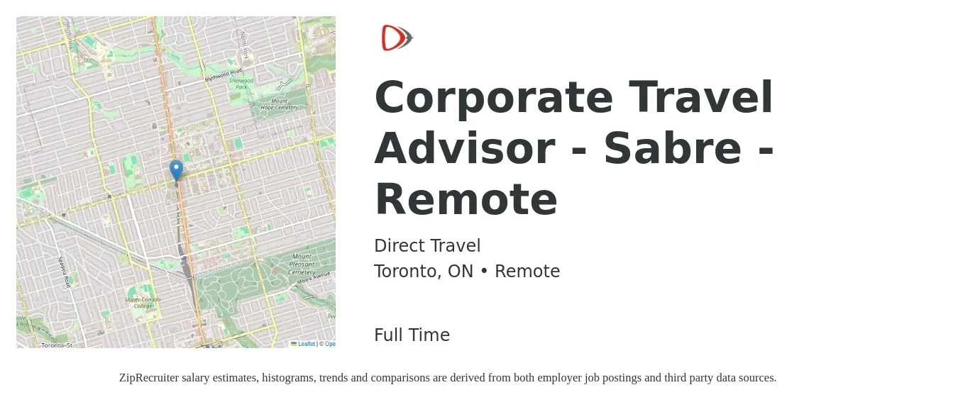 Direct Travel job posting for a Corporate Travel Advisor - Sabre - Remote in Toronto, ON with a map of Toronto location.