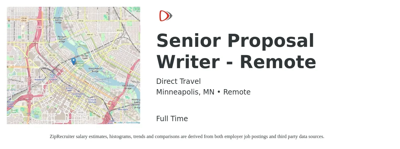 Direct Travel job posting for a Senior Proposal Writer - Remote in Minneapolis, MN with a salary of $63,800 to $90,900 Yearly with a map of Minneapolis location.