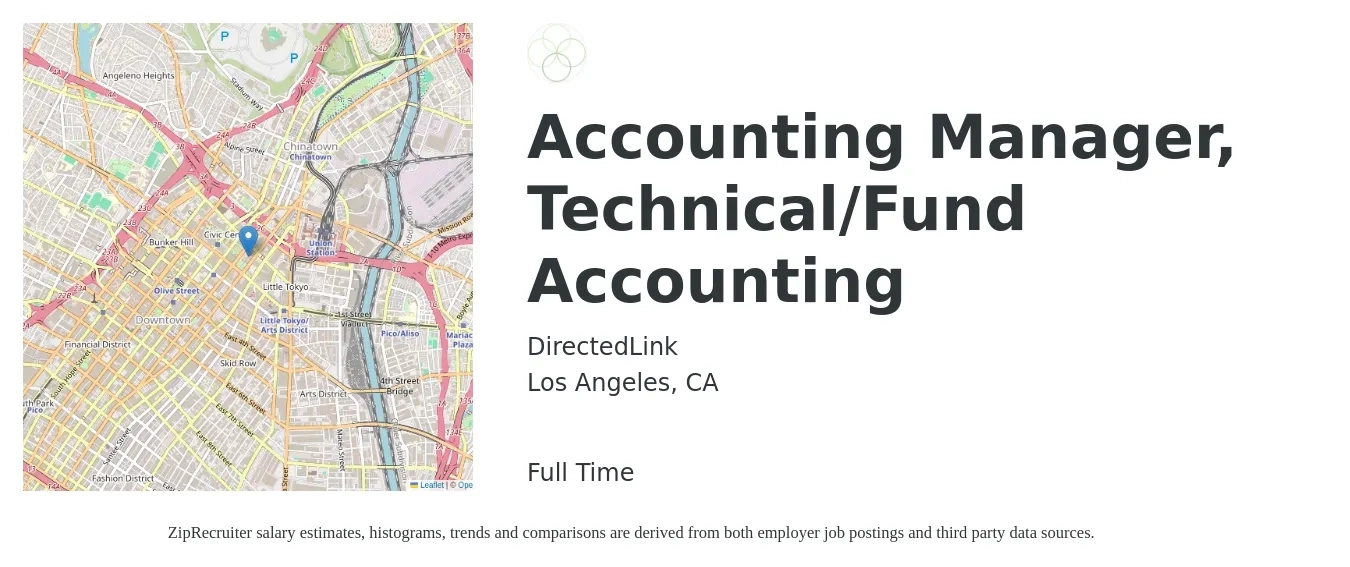 DirectedLink job posting for a Accounting Manager, Technical/Fund Accounting in Los Angeles, CA with a salary of $84,000 to $120,700 Yearly with a map of Los Angeles location.