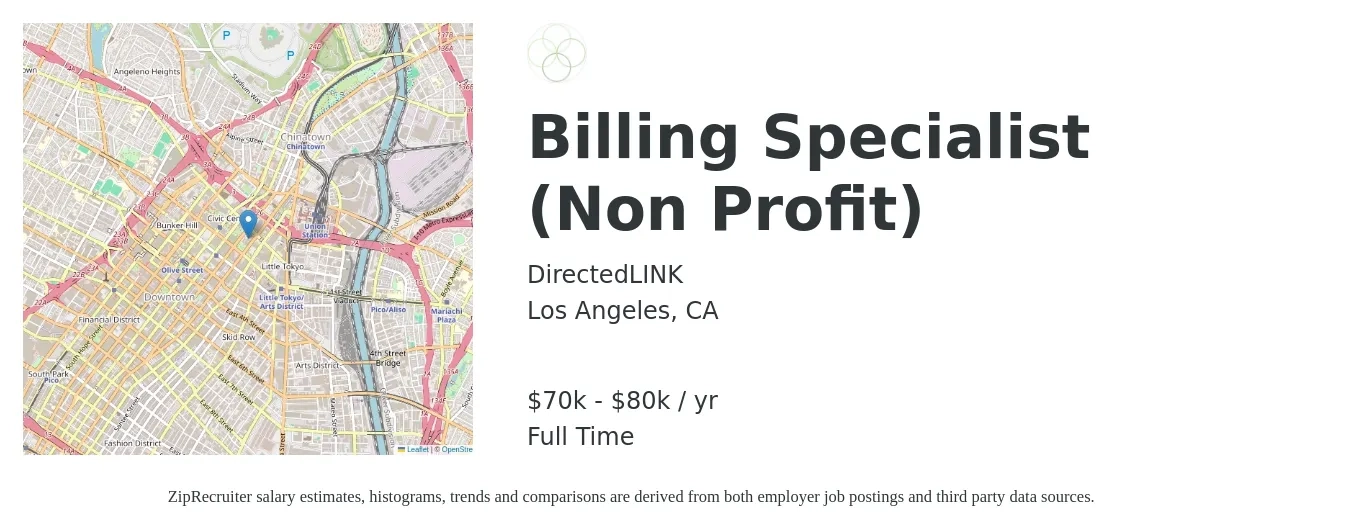 DirectedLINK job posting for a Billing Specialist (Non Profit) in Los Angeles, CA with a salary of $70,000 to $80,000 Yearly with a map of Los Angeles location.
