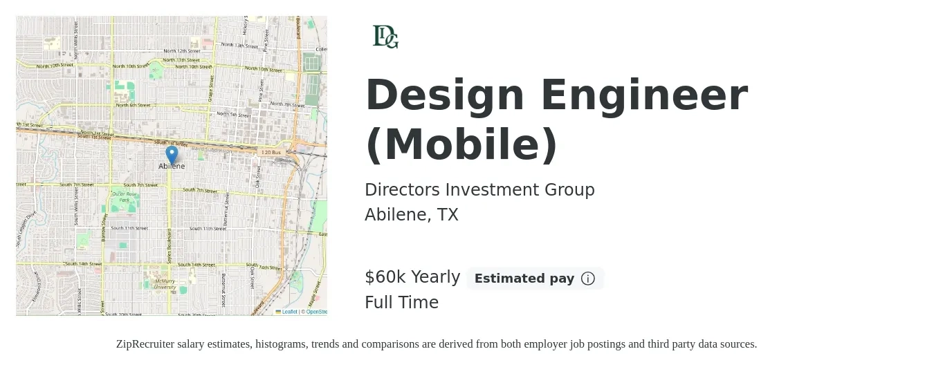 Directors Investment Group job posting for a Design Engineer (Mobile) in Abilene, TX with a salary of $60,000 Yearly with a map of Abilene location.