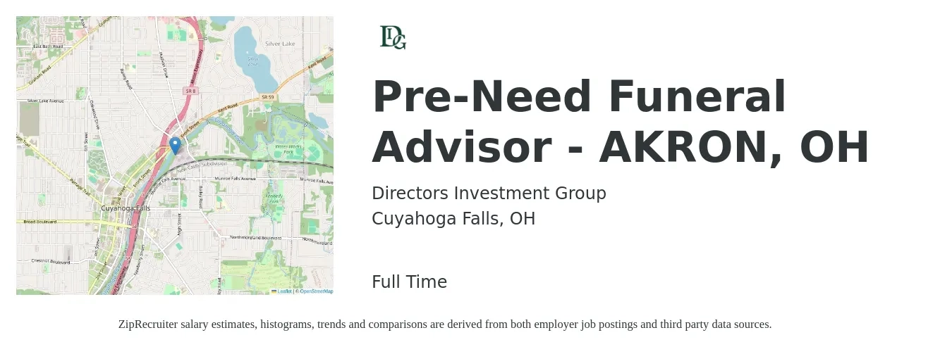 Directors Investment Group job posting for a Pre-Need Funeral Advisor - AKRON, OH in Cuyahoga Falls, OH with a salary of $46,800 to $67,800 Yearly with a map of Cuyahoga Falls location.