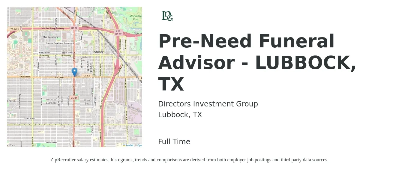 Directors Investment Group job posting for a Pre-Need Funeral Advisor - LUBBOCK, TX in Lubbock, TX with a salary of $42,600 to $61,600 Yearly with a map of Lubbock location.