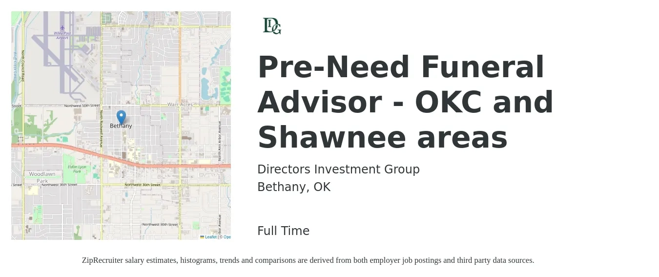 Directors Investment Group job posting for a Pre-Need Funeral Advisor - OKC and Shawnee areas in Bethany, OK with a salary of $49,800 to $72,100 Yearly with a map of Bethany location.