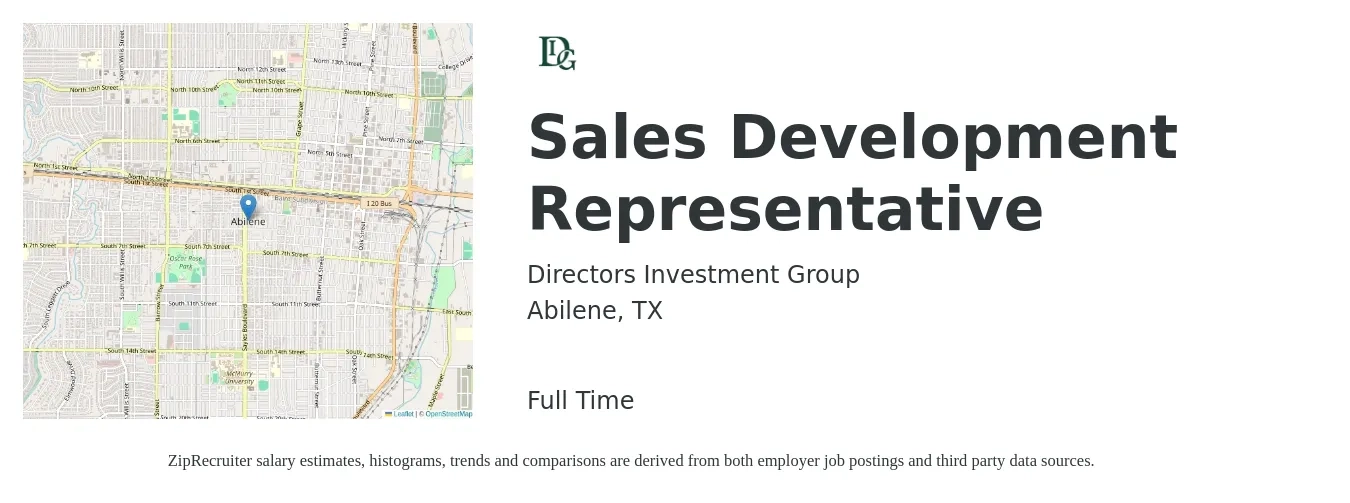Directors Investment Group job posting for a Sales Development Representative in Abilene, TX with a salary of $39,000 Yearly with a map of Abilene location.
