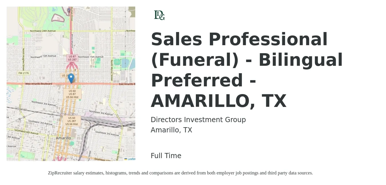 Directors Investment Group job posting for a Sales Professional (Funeral) - Bilingual Preferred - AMARILLO, TX in Amarillo, TX with a salary of $31,800 to $64,400 Yearly with a map of Amarillo location.