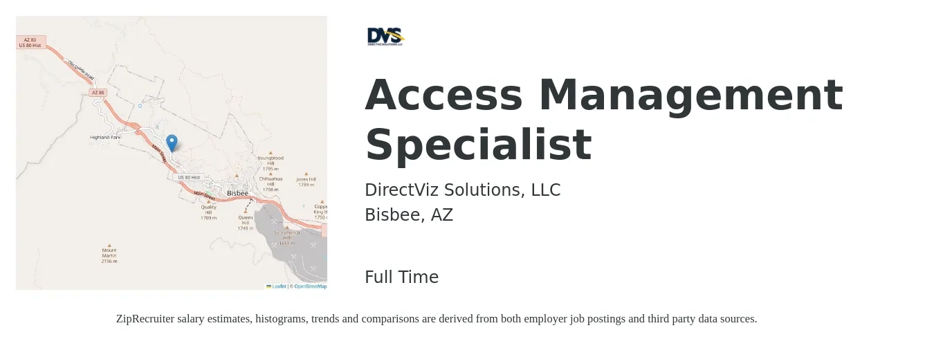 DirectViz Solutions, LLC job posting for a Access Management Specialist in Bisbee, AZ with a salary of $52,600 to $87,500 Yearly with a map of Bisbee location.