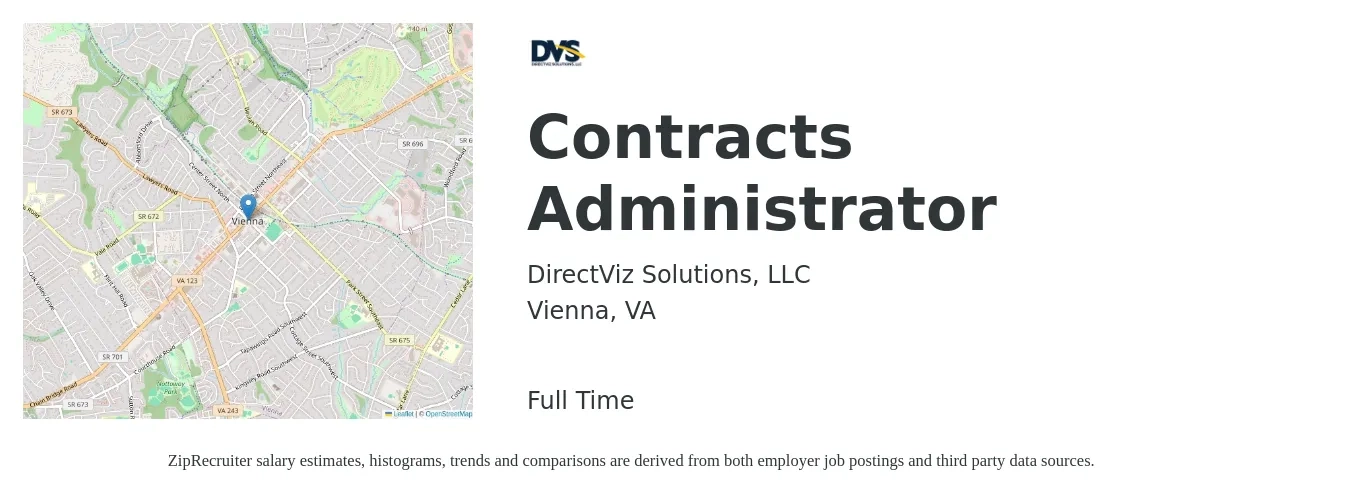 DirectViz Solutions, LLC job posting for a Contracts Administrator in Vienna, VA with a salary of $57,200 to $88,300 Yearly with a map of Vienna location.