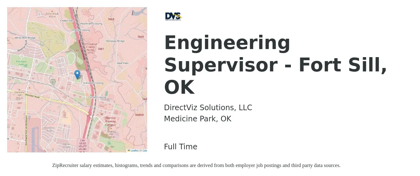DirectViz Solutions, LLC job posting for a Engineering Supervisor - Fort Sill, OK in Medicine Park, OK with a salary of $105,800 to $157,100 Yearly with a map of Medicine Park location.