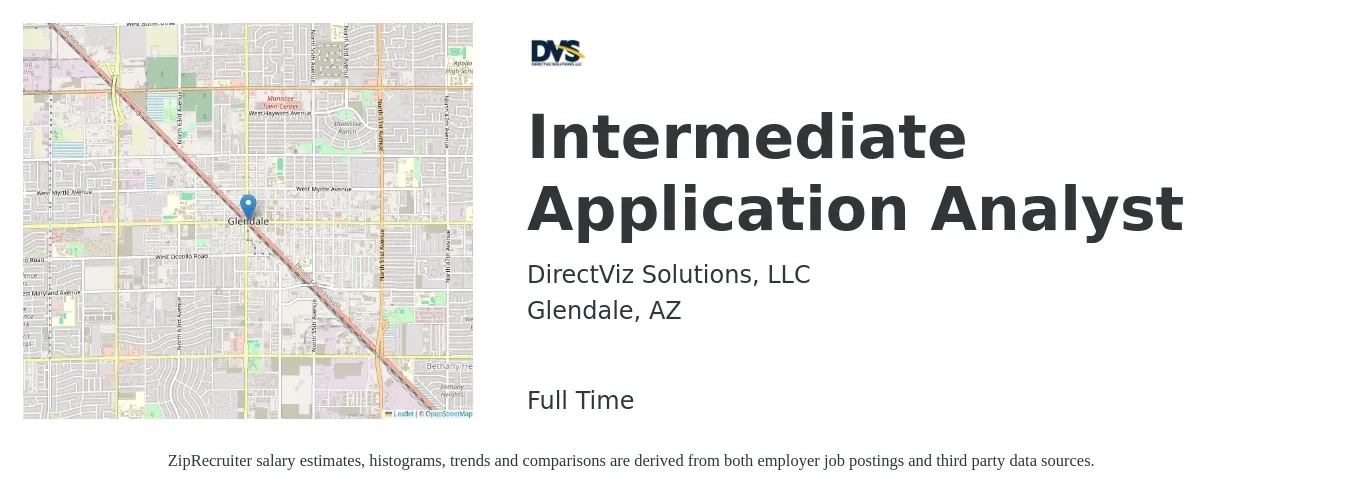 DirectViz Solutions, LLC job posting for a Intermediate Application Analyst in Glendale, AZ with a salary of $71,100 to $106,400 Yearly with a map of Glendale location.