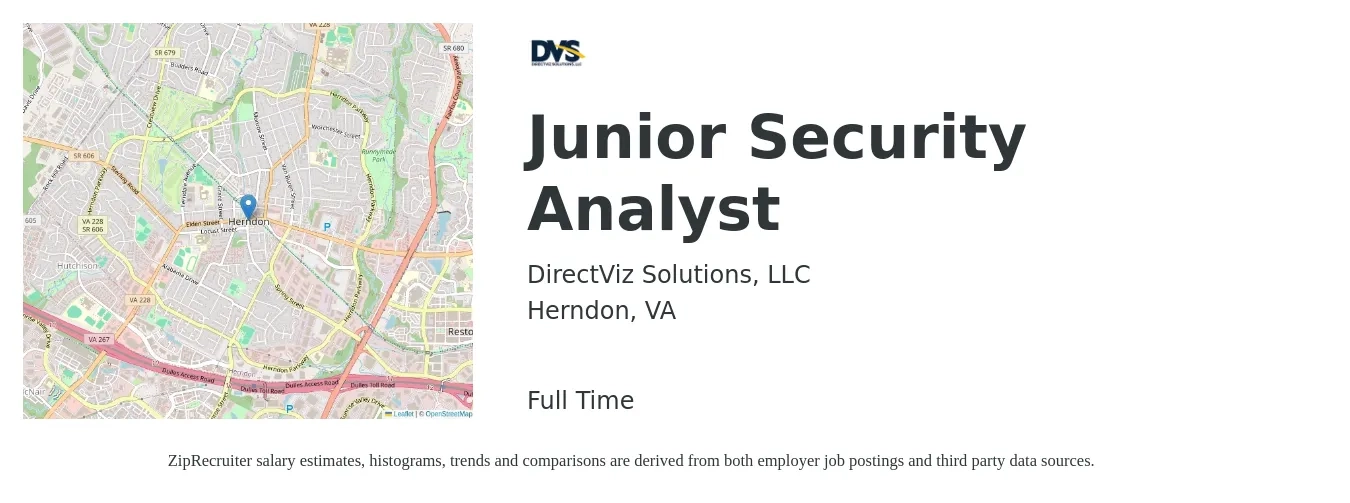 DirectViz Solutions, LLC job posting for a Junior Security Analyst in Herndon, VA with a salary of $25 to $38 Hourly with a map of Herndon location.