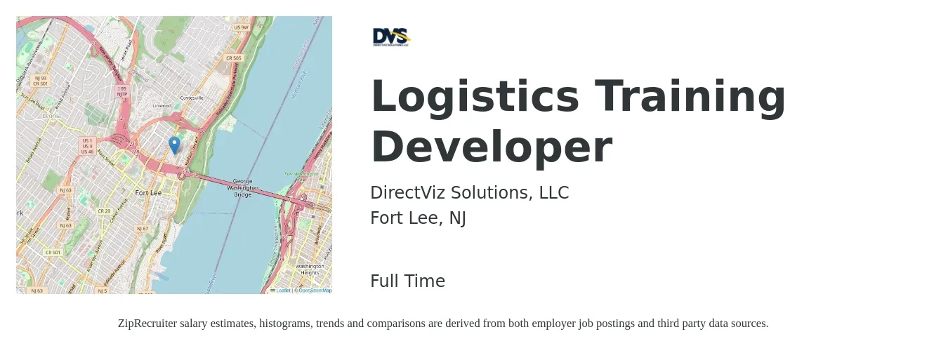 DirectViz Solutions, LLC job posting for a Logistics Training Developer in Fort Lee, NJ with a salary of $98,200 to $143,400 Yearly with a map of Fort Lee location.