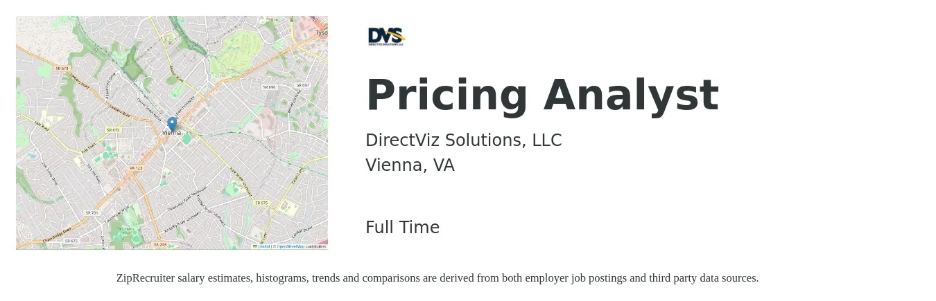 DirectViz Solutions, LLC job posting for a Pricing Analyst in Vienna, VA with a salary of $54,200 to $80,800 Yearly with a map of Vienna location.