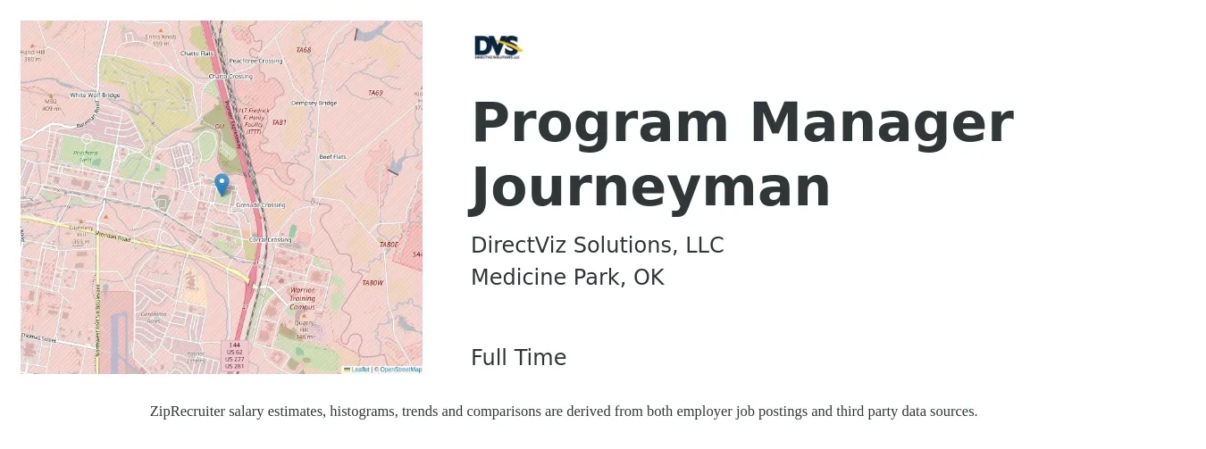 DirectViz Solutions, LLC job posting for a Program Manager Journeyman in Medicine Park, OK with a salary of $117,100 to $151,700 Yearly with a map of Medicine Park location.