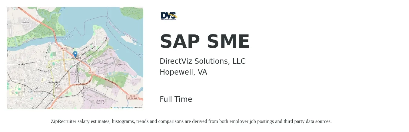 DirectViz Solutions, LLC job posting for a SAP SME in Hopewell, VA with a salary of $44 to $88 Hourly with a map of Hopewell location.