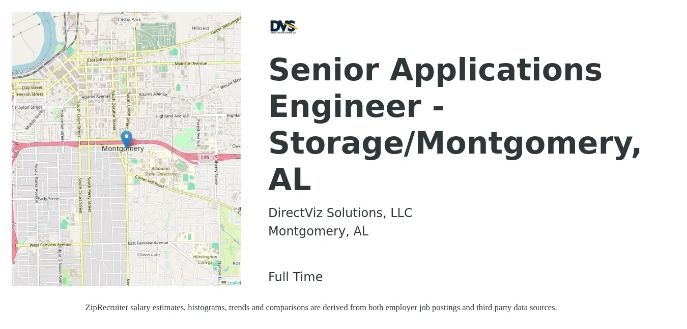 DirectViz Solutions, LLC job posting for a Senior Applications Engineer - Storage/Montgomery, AL in Montgomery, AL with a salary of $106,800 to $142,900 Yearly with a map of Montgomery location.