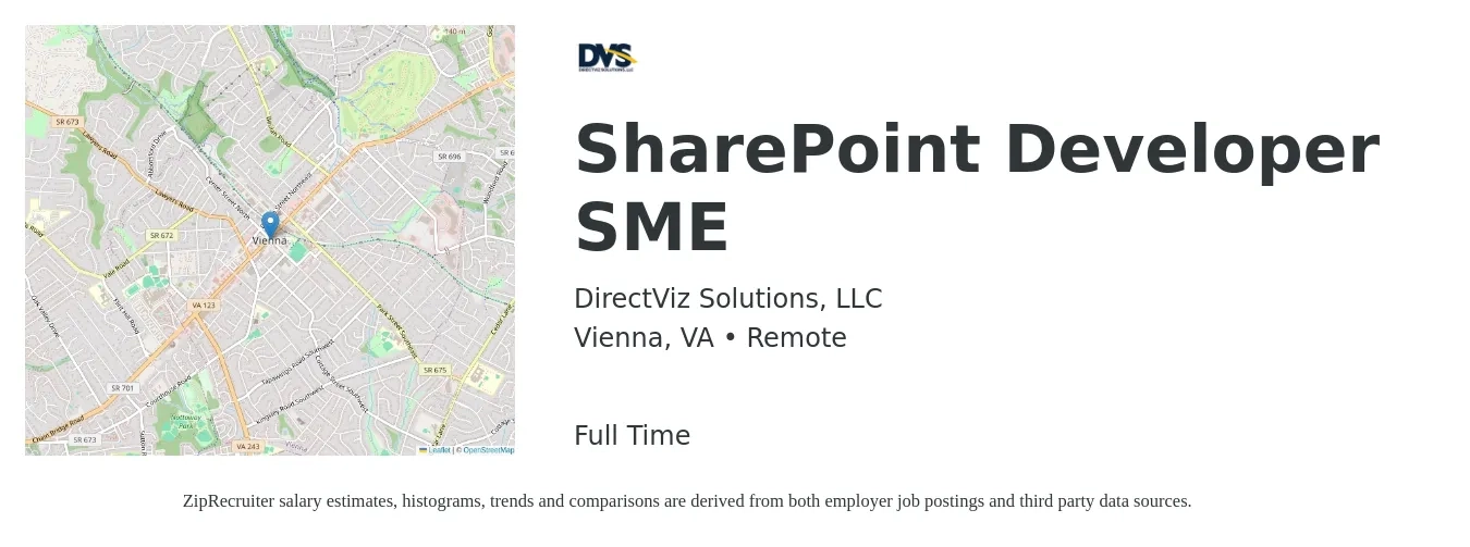 DirectViz Solutions, LLC job posting for a SharePoint Developer SME in Vienna, VA with a salary of $49 to $64 Hourly with a map of Vienna location.