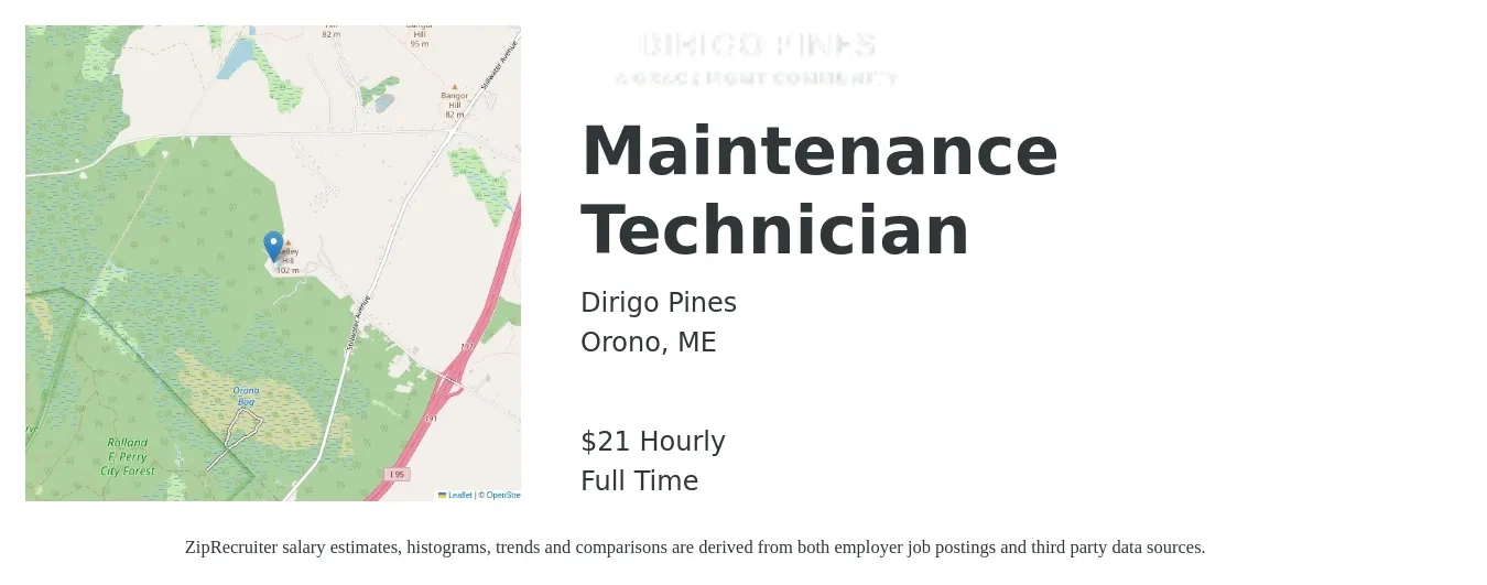 Dirigo Pines job posting for a Maintenance Technician in Orono, ME with a salary of $22 Hourly with a map of Orono location.