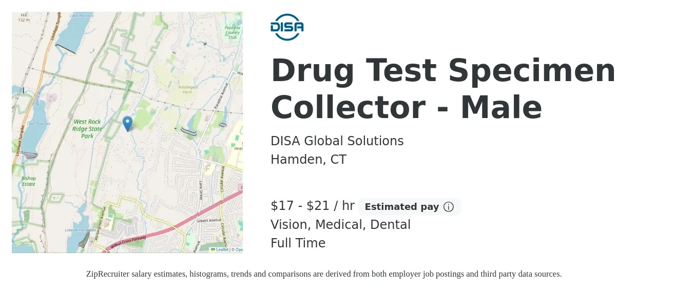 DISA Global Solutions job posting for a Drug Test Specimen Collector - Male in Hamden, CT with a salary of $18 to $22 Hourly and benefits including vision, dental, life_insurance, medical, pto, and retirement with a map of Hamden location.