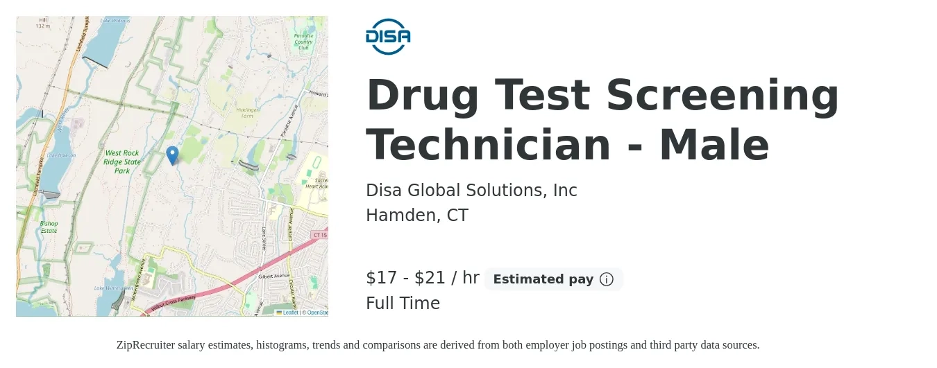 Disa Global Solutions, Inc job posting for a Drug Test Screening Technician - Male in Hamden, CT with a salary of $18 to $22 Hourly with a map of Hamden location.