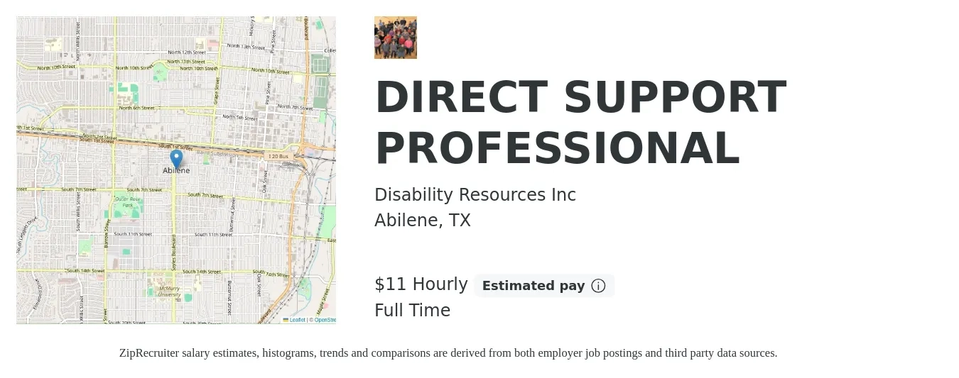 Disability Resources Inc job posting for a DIRECT SUPPORT PROFESSIONAL in Abilene, TX with a salary of $12 Hourly with a map of Abilene location.