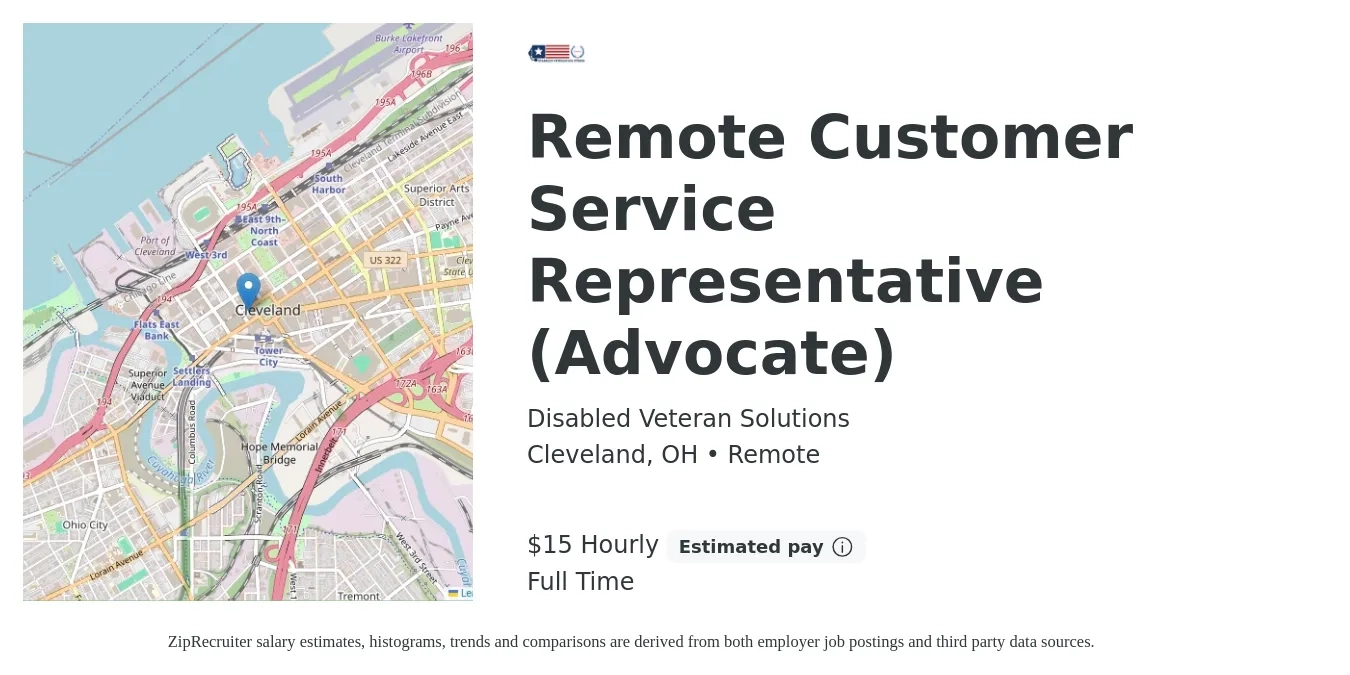 Disabled Veteran Solutions job posting for a Remote Customer Service Representative (Advocate) in Cleveland, OH with a salary of $16 to $16 Hourly with a map of Cleveland location.