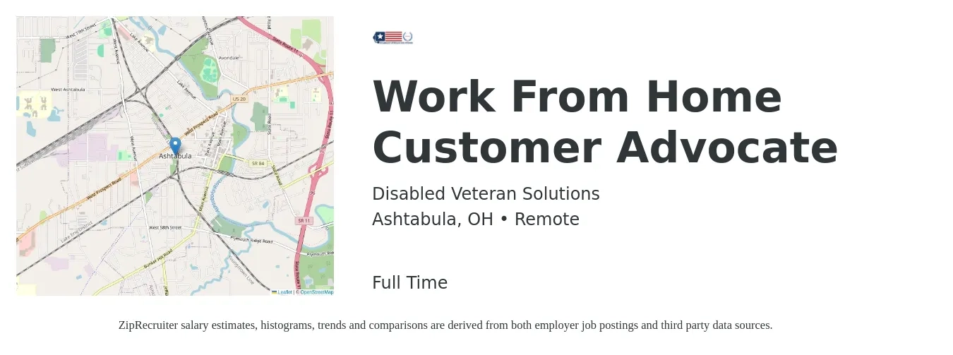Disabled Veteran Solutions job posting for a Work From Home Customer Advocate in Ashtabula, OH with a salary of $16 to $16 Hourly with a map of Ashtabula location.