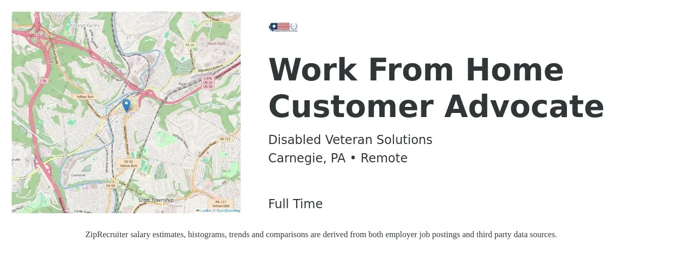 Disabled Veteran Solutions job posting for a Work From Home Customer Advocate in Carnegie, PA with a salary of $16 to $16 Hourly with a map of Carnegie location.