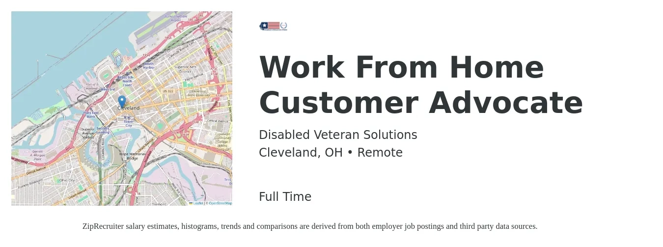 Disabled Veteran Solutions job posting for a Work From Home Customer Advocate in Cleveland, OH with a salary of $16 to $16 Hourly with a map of Cleveland location.