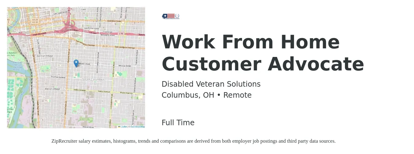Disabled Veteran Solutions job posting for a Work From Home Customer Advocate in Columbus, OH with a salary of $16 to $16 Hourly with a map of Columbus location.