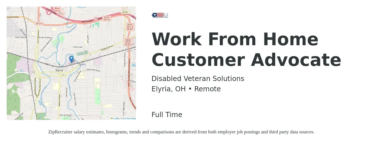 Disabled Veteran Solutions job posting for a Work From Home Customer Advocate in Elyria, OH with a salary of $16 to $16 Hourly with a map of Elyria location.