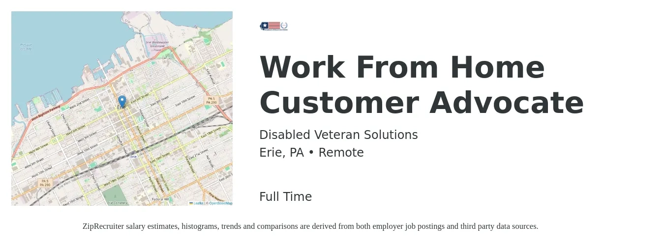 Disabled Veteran Solutions job posting for a Work From Home Customer Advocate in Erie, PA with a salary of $16 to $16 Hourly with a map of Erie location.