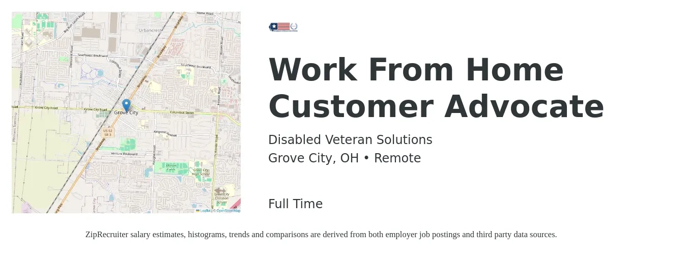 Disabled Veteran Solutions job posting for a Work From Home Customer Advocate in Grove City, OH with a salary of $16 to $16 Hourly with a map of Grove City location.