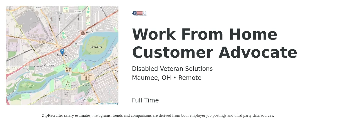 Disabled Veteran Solutions job posting for a Work From Home Customer Advocate in Maumee, OH with a salary of $16 to $16 Hourly with a map of Maumee location.