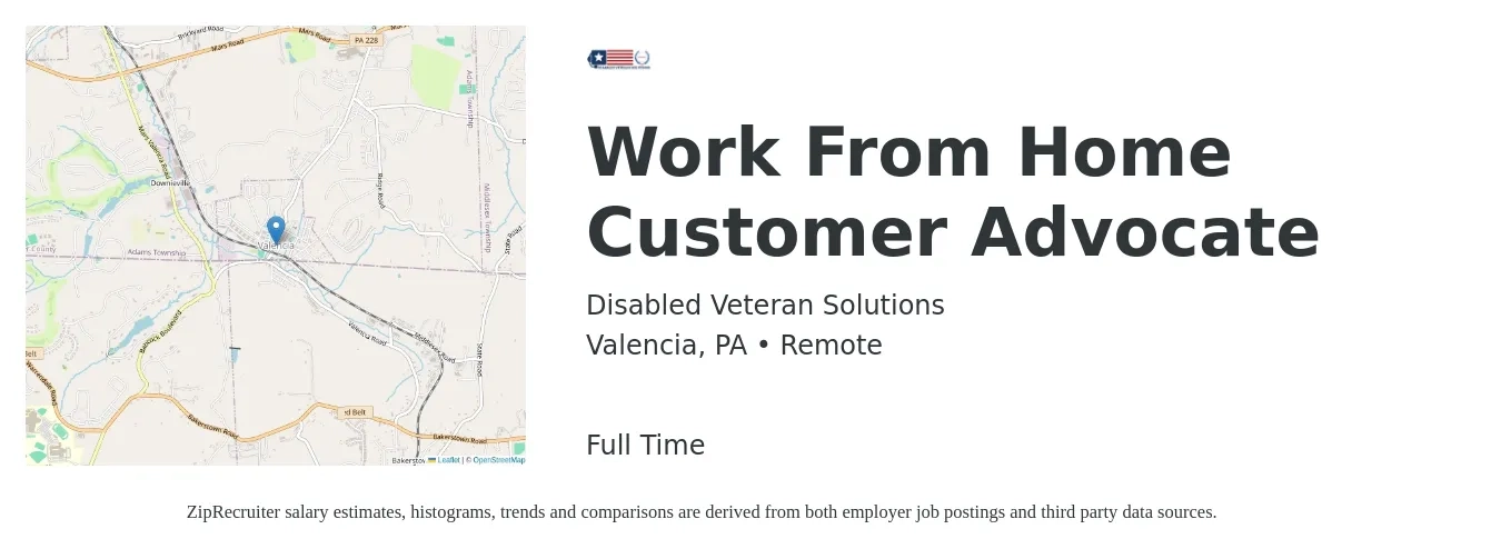 Disabled Veteran Solutions job posting for a Work From Home Customer Advocate in Valencia, PA with a salary of $16 to $16 Hourly with a map of Valencia location.