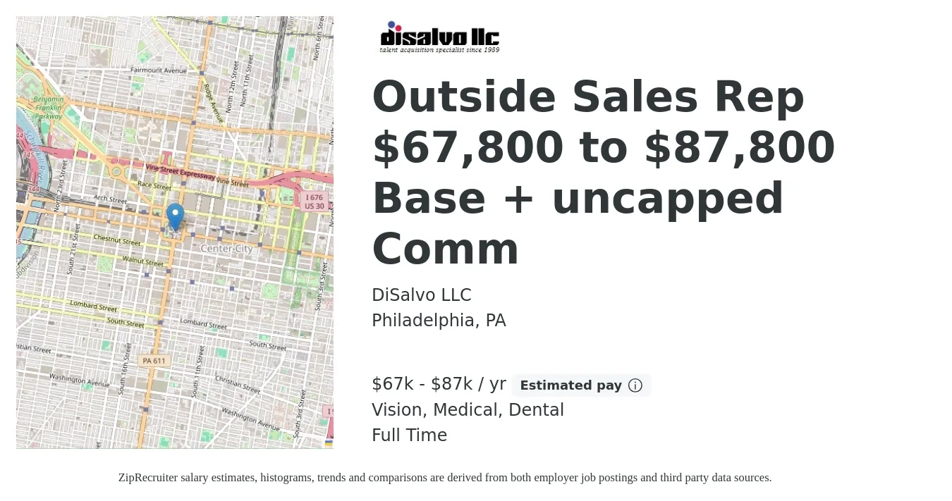 DiSalvo LLC job posting for a Outside Sales Rep $67,800 to $87,800 Base + uncapped Comm in Philadelphia, PA with a salary of $67,800 to $87,800 Yearly (plus commission) and benefits including retirement, vision, dental, life_insurance, and medical with a map of Philadelphia location.