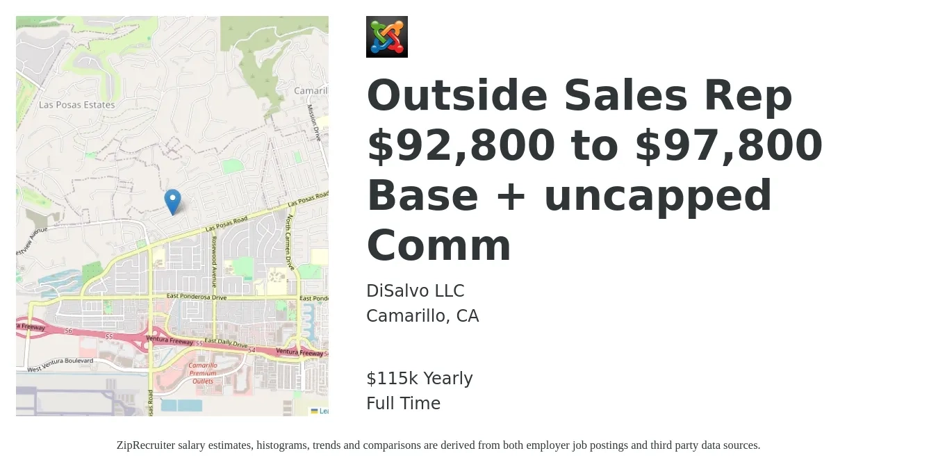 DiSalvo LLC job posting for a Outside Sales Rep $92,800 to $97,800 Base + uncapped Comm in Camarillo, CA with a salary of $92,800 to $97,800 Yearly (plus commission) and benefits including dental, life_insurance, medical, retirement, and vision with a map of Camarillo location.