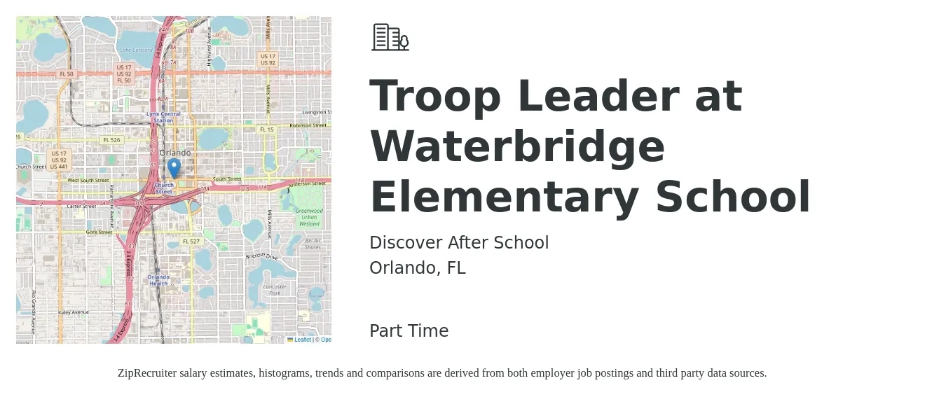 Discover After School job posting for a Troop Leader at Waterbridge Elementary School in Orlando, FL with a salary of $15 Hourly with a map of Orlando location.