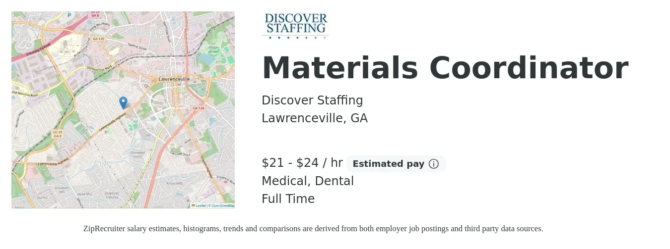 Discover Staffing job posting for a Materials Coordinator in Lawrenceville, GA with a salary of $22 to $25 Hourly and benefits including dental, and medical with a map of Lawrenceville location.