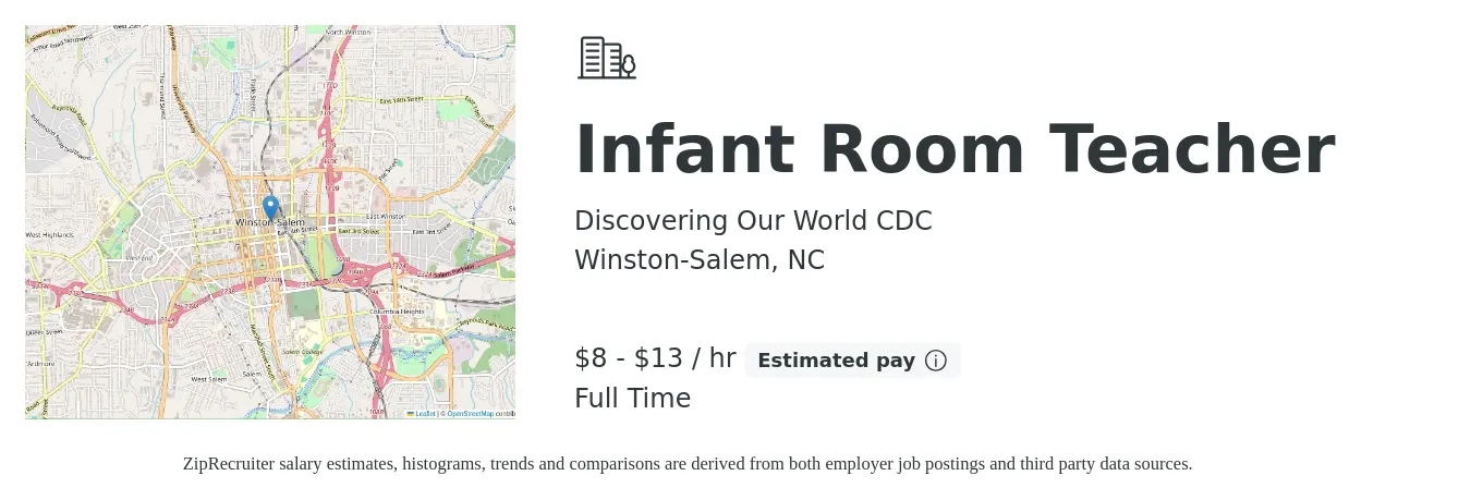 Discovering Our World CDC job posting for a Infant Room Teacher in Winston-Salem, NC with a salary of $9 to $14 Hourly with a map of Winston-Salem location.