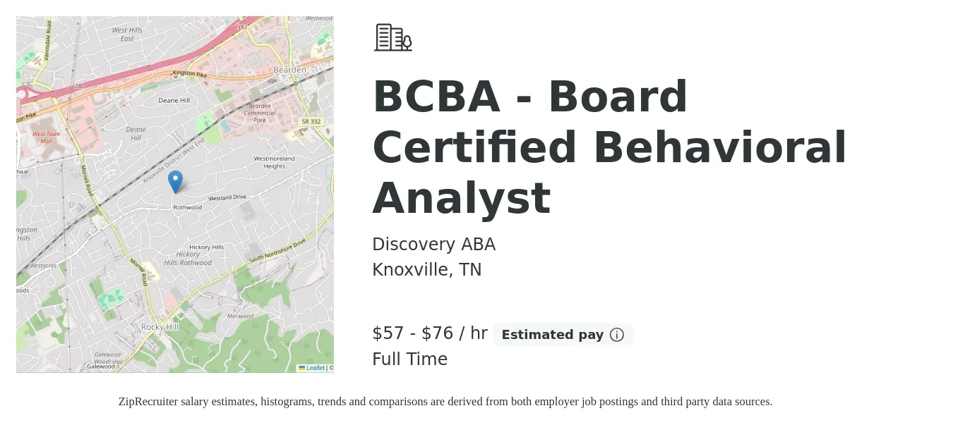 Discovery ABA job posting for a BCBA - Board Certified Behavioral Analyst in Knoxville, TN with a salary of $60 to $80 Hourly with a map of Knoxville location.