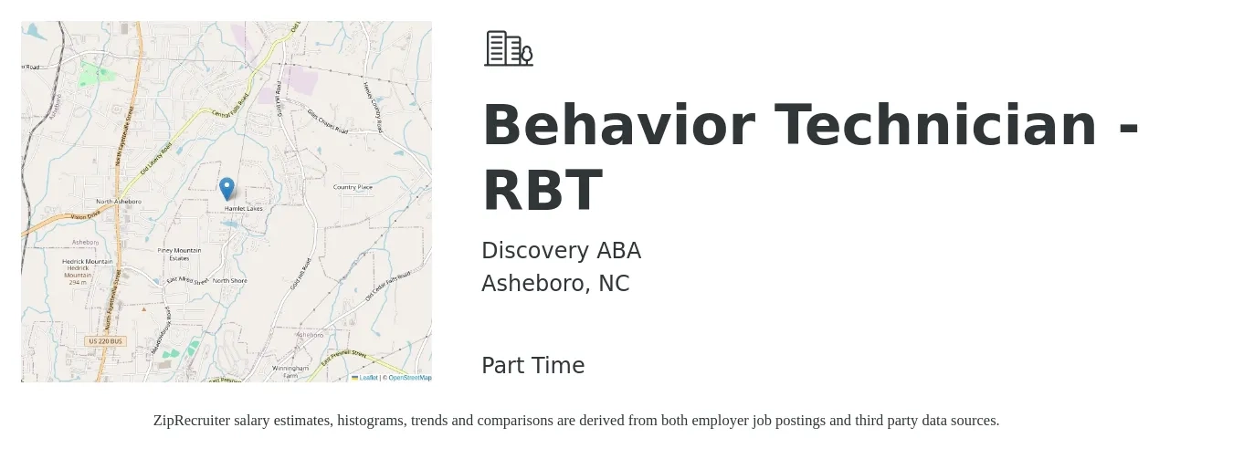 Discovery ABA job posting for a Behavior Technician - RBT in Asheboro, NC with a salary of $16 to $22 Hourly with a map of Asheboro location.