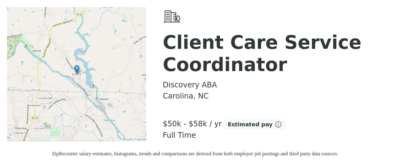 Discovery ABA job posting for a Client Care Service Coordinator in Carolina, NC with a salary of $50,000 to $58,000 Yearly with a map of Carolina location.