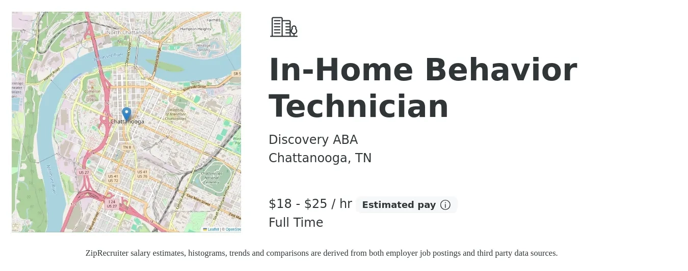 Discovery ABA job posting for a In-Home Behavior Technician in Chattanooga, TN with a salary of $19 to $26 Hourly with a map of Chattanooga location.