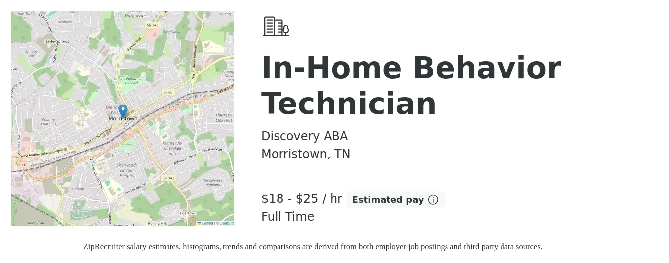 Discovery ABA job posting for a In-Home Behavior Technician in Morristown, TN with a salary of $19 to $26 Hourly with a map of Morristown location.
