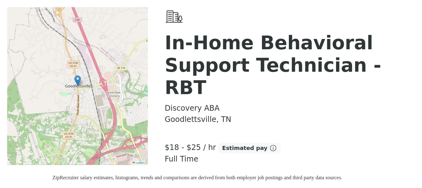 Discovery ABA job posting for a In-Home Behavioral Support Technician - RBT in Goodlettsville, TN with a salary of $19 to $26 Hourly with a map of Goodlettsville location.