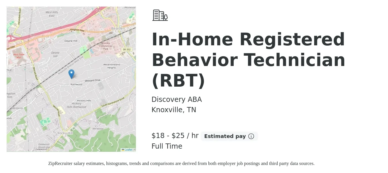 Discovery ABA job posting for a In-Home Registered Behavior Technician (RBT) in Knoxville, TN with a salary of $19 to $26 Hourly with a map of Knoxville location.