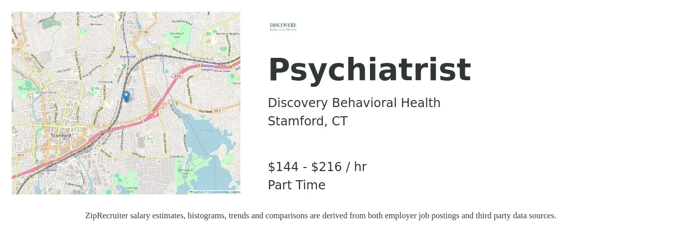 Discovery Behavioral Health job posting for a Psychiatrist in Stamford, CT with a salary of $150 to $225 Hourly with a map of Stamford location.