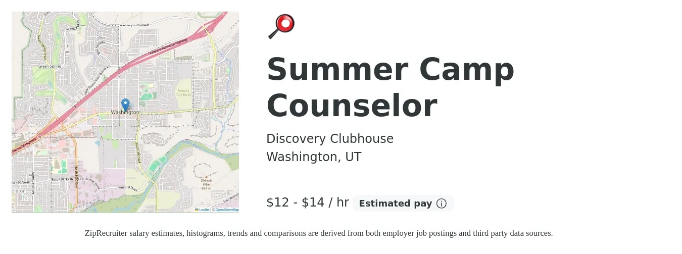 Discovery Clubhouse job posting for a Summer Camp Counselor in Washington, UT with a salary of $13 to $15 Hourly with a map of Washington location.
